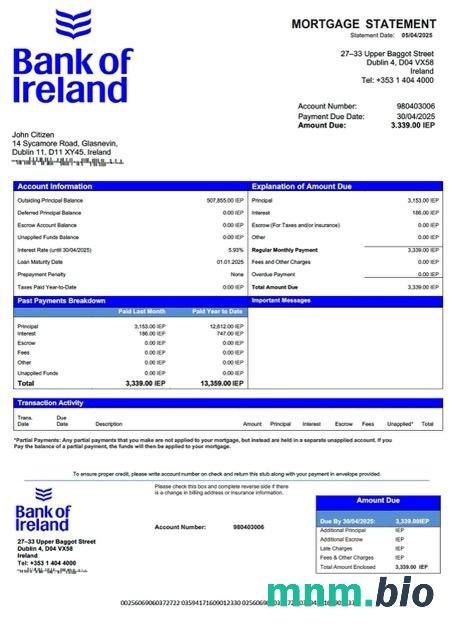 Irlandia Bank of Ireland wyciąg z kredytu hipotecznego szablon Word i PDF